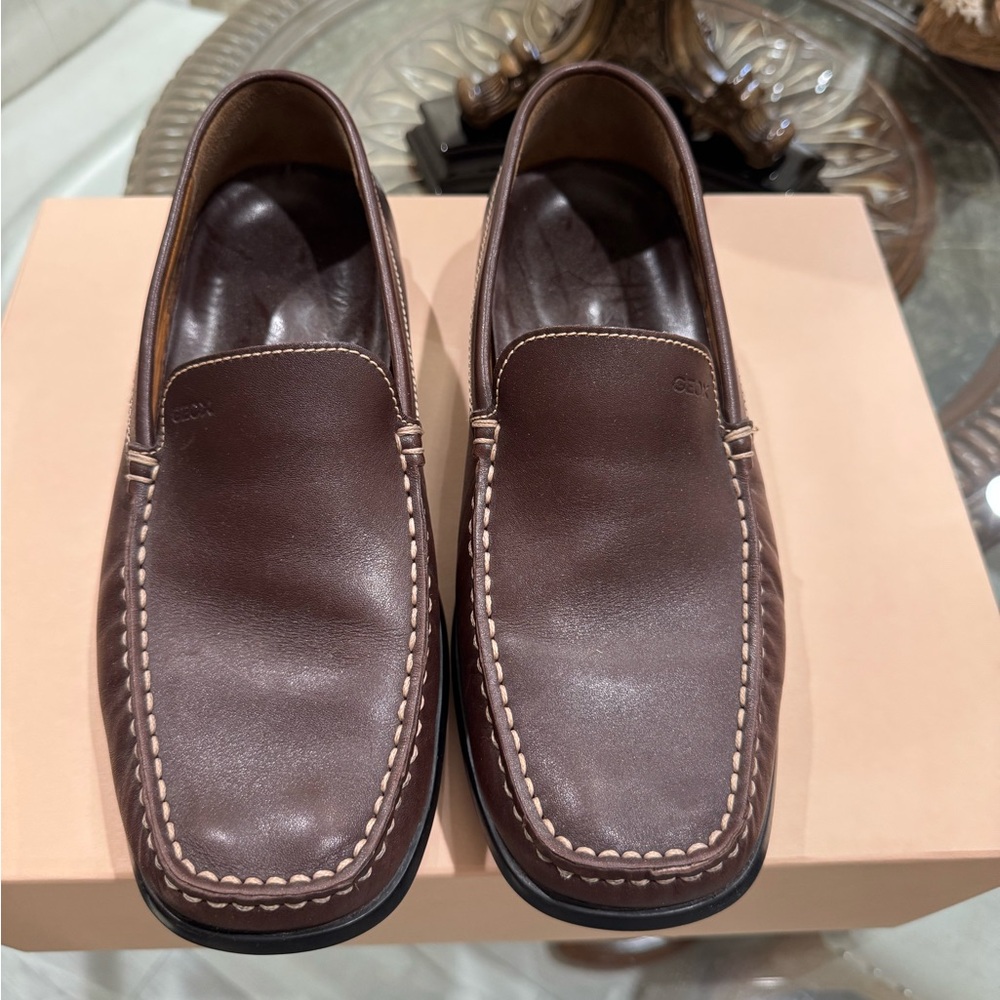 Geox Men's Dark Brown Leather Slip-On Loafers with Contrast Stitching